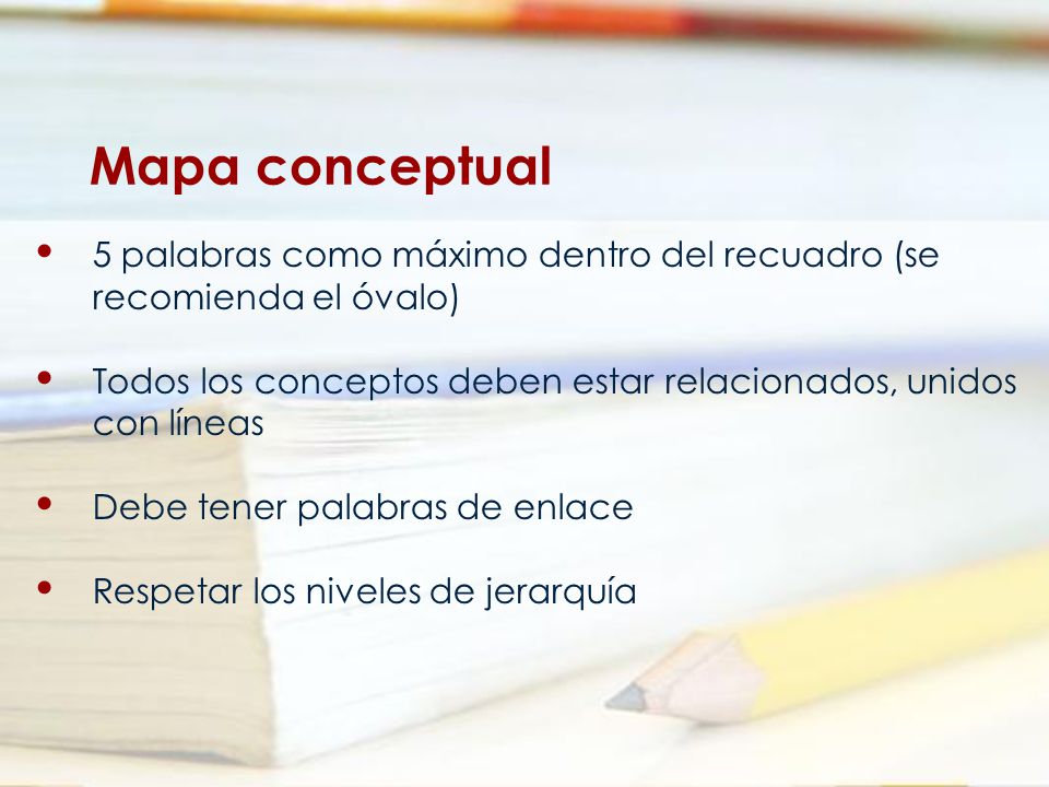 Mapa conceptual 5 palabras como máximo dentro del recuadro (se recomienda el óvalo) Todos los conceptos deben estar relacionados, unidos con líneas.