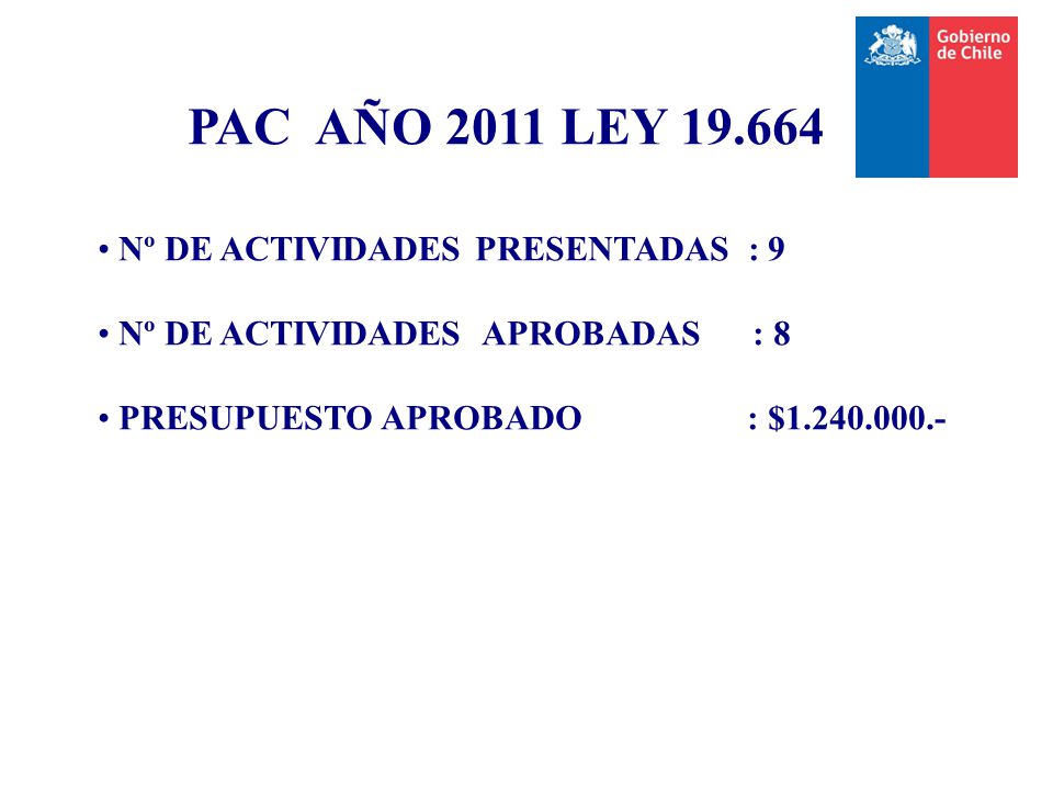 PAC AÑO 2011 LEY Nº DE ACTIVIDADES PRESENTADAS : 9