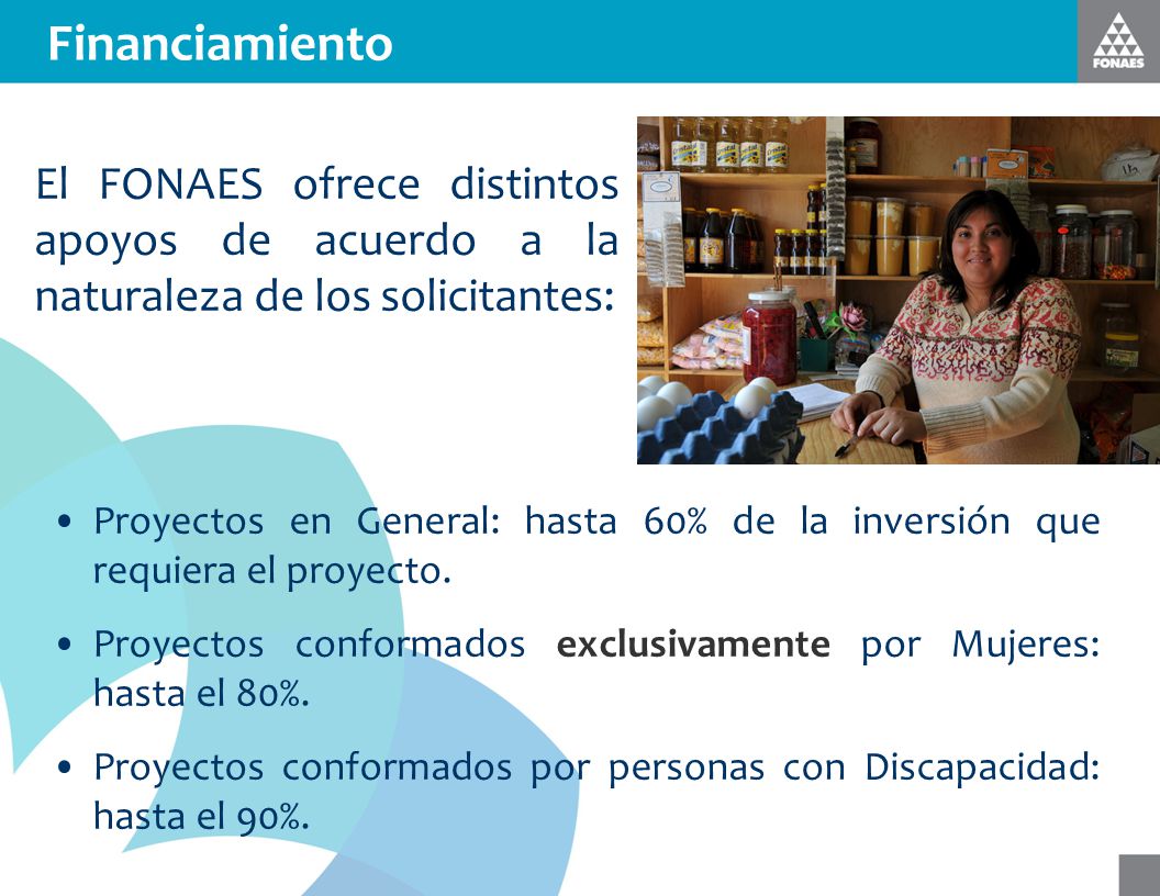 Financiamiento El FONAES ofrece distintos apoyos de acuerdo a la naturaleza de los solicitantes: