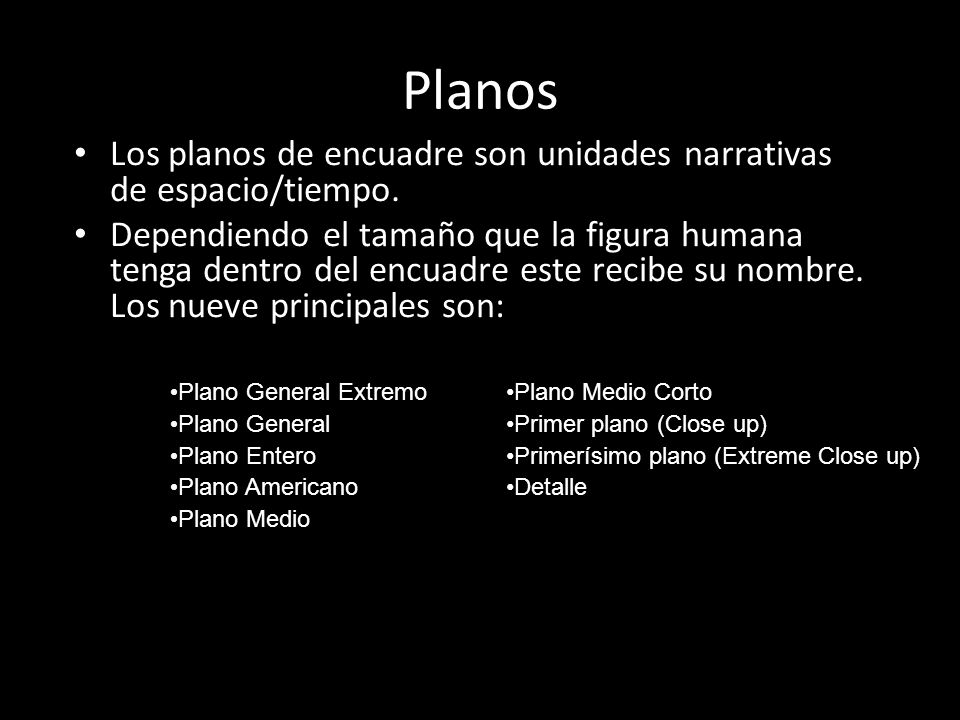 Planos Los planos de encuadre son unidades narrativas de espacio/tiempo.