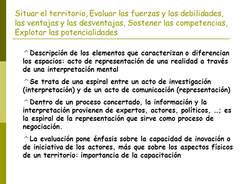 Situar el territorio, Evaluar las fuerzas y las debilidades, las ventajas y las desventajas, Sostener las competencias, Explotar las potencialidades