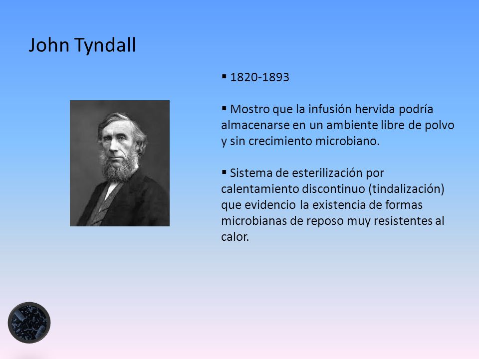 John Tyndall Mostro que la infusión hervida podría almacenarse en un ambiente libre de polvo y sin crecimiento microbiano.