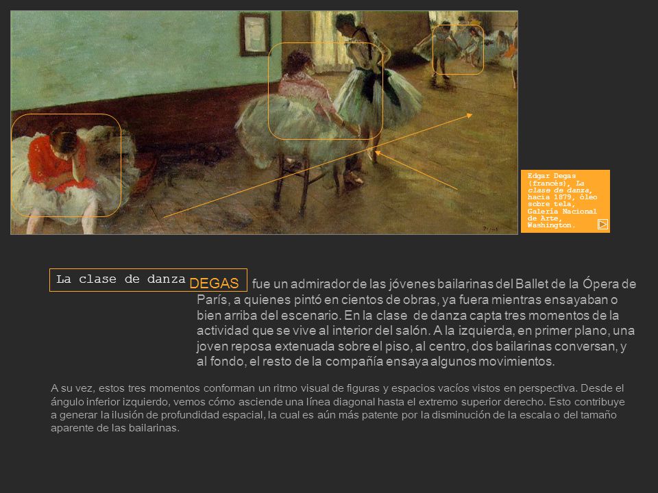 Edgar Degas (francés), La clase de danza, hacia 1879, óleo sobre tela, Galería Nacional de Arte, Washington.