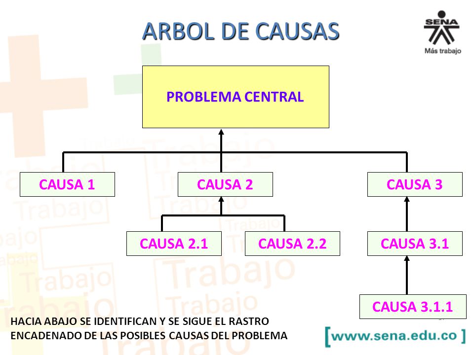ARBOL DE CAUSAS PROBLEMA CENTRAL CAUSA 1 CAUSA 2 CAUSA 3 CAUSA 2.1