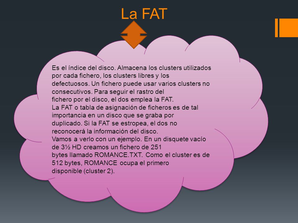La FAT Es el índice del disco. Almacena los clusters utilizados por cada fichero, los clusters libres y los.