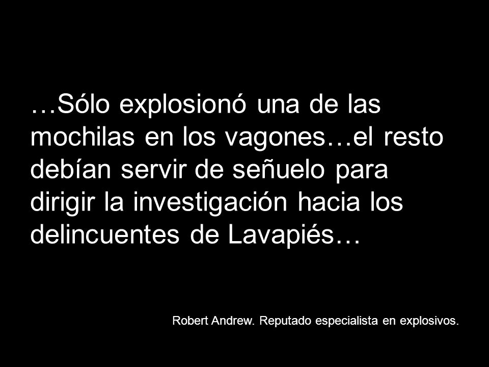 …Sólo explosionó una de las mochilas en los vagones…el resto debían servir de señuelo para dirigir la investigación hacia los delincuentes de Lavapiés…