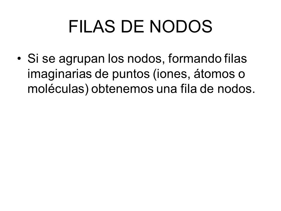 FILAS DE NODOS Si se agrupan los nodos, formando filas imaginarias de puntos (iones, átomos o moléculas) obtenemos una fila de nodos.