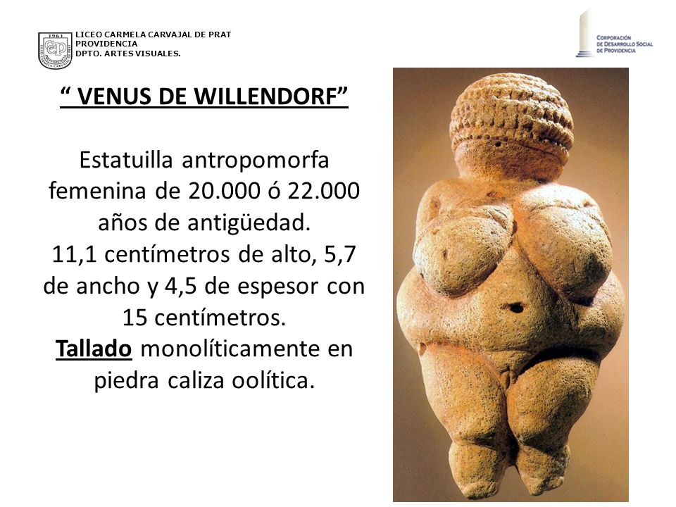VENUS DE WILLENDORF Estatuilla antropomorfa femenina de ó años de antigüedad. 11,1 centímetros de alto, 5,7 de ancho y 4,5 de espesor con 15 centímetros. Tallado monolíticamente en piedra caliza oolítica.