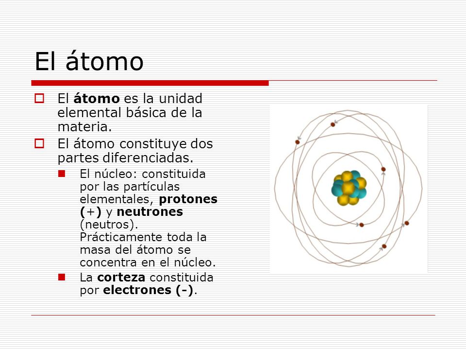 El átomo El átomo es la unidad elemental básica de la materia.