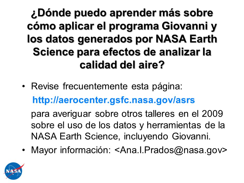 ¿Dónde puedo aprender más sobre cómo aplicar el programa Giovanni y los datos generados por NASA Earth Science para efectos de analizar la calidad del aire