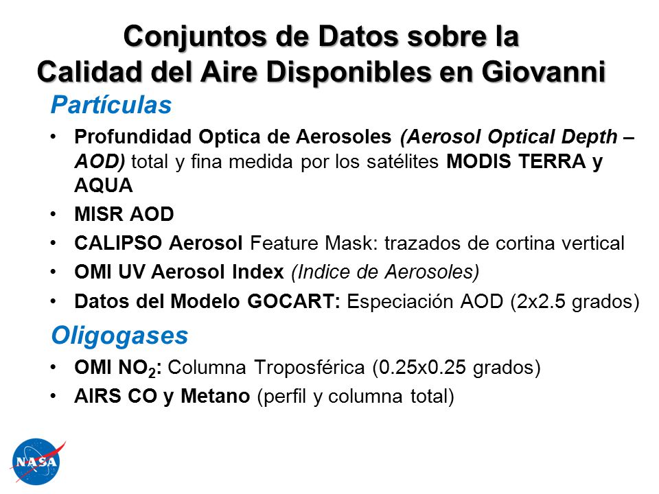 Conjuntos de Datos sobre la Calidad del Aire Disponibles en Giovanni