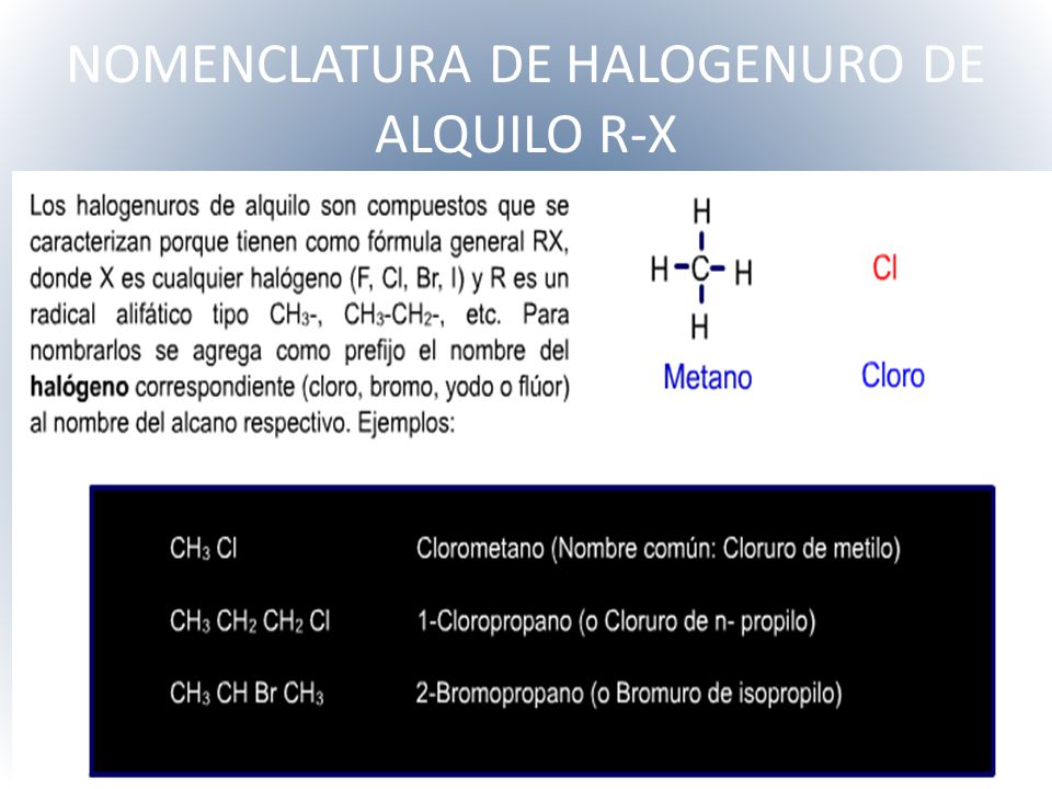 NOMENCLATURA DE HALOGENURO DE ALQUILO R-X