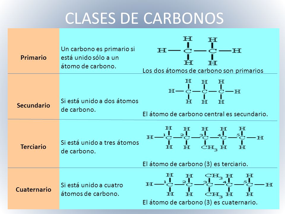 CLASES DE CARBONOS Primario. Un carbono es primario si está unido sólo a un átomo de carbono. Los dos átomos de carbono son primarios.