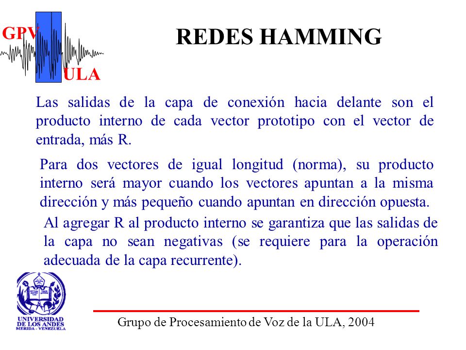REDES HAMMING Las salidas de la capa de conexión hacia delante son el producto interno de cada vector prototipo con el vector de entrada, más R.