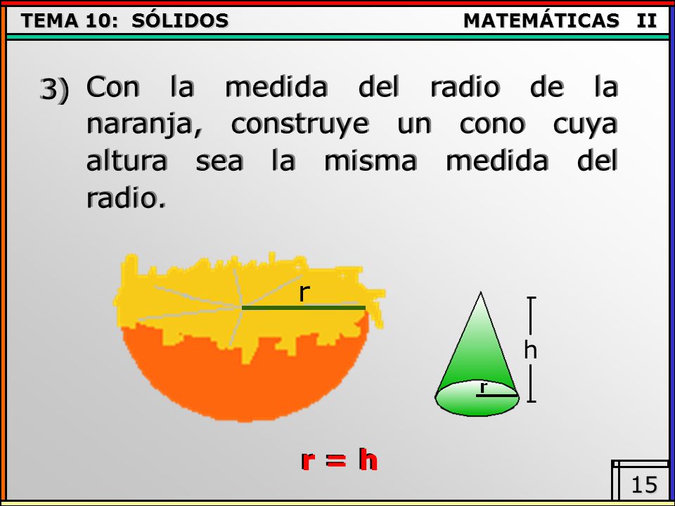 3) Con la medida del radio de la naranja, construye un cono cuya altura sea la misma medida del radio.