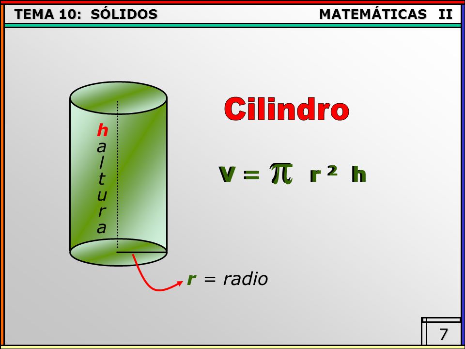 Cilindro haltura V = r 2 h r = radio