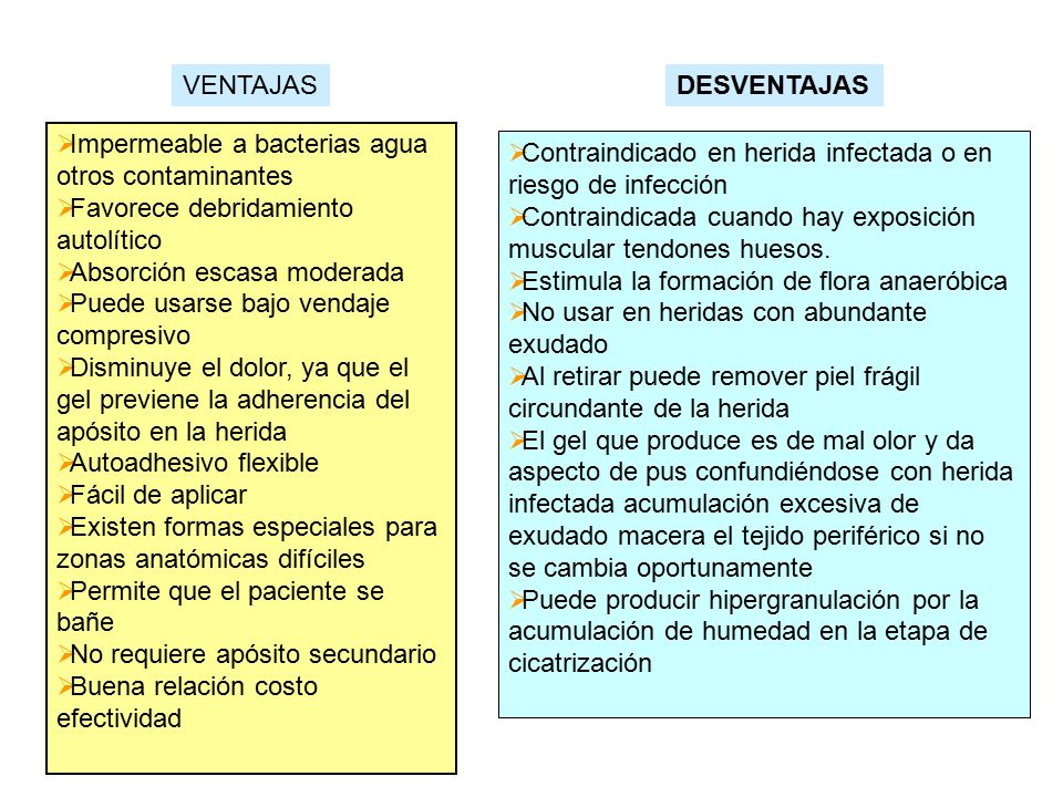 VENTAJAS DESVENTAJAS. Impermeable a bacterias agua otros contaminantes. Favorece debridamiento autolítico.