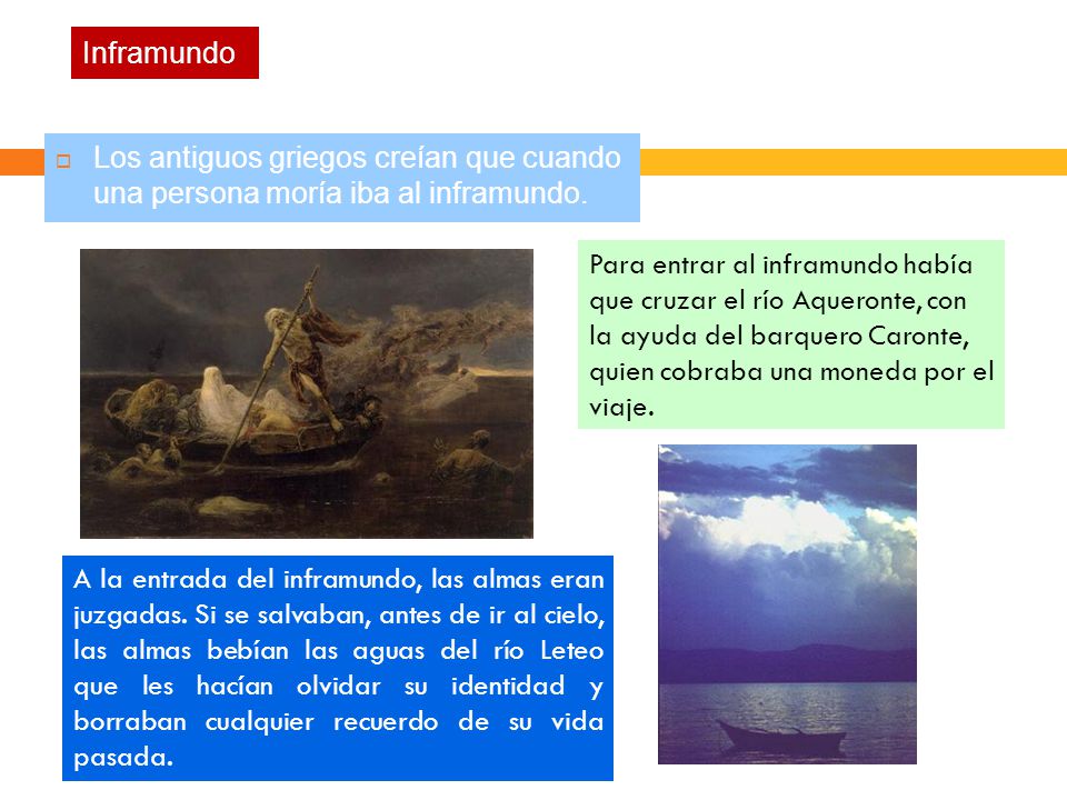 Inframundo Los antiguos griegos creían que cuando una persona moría iba al inframundo.