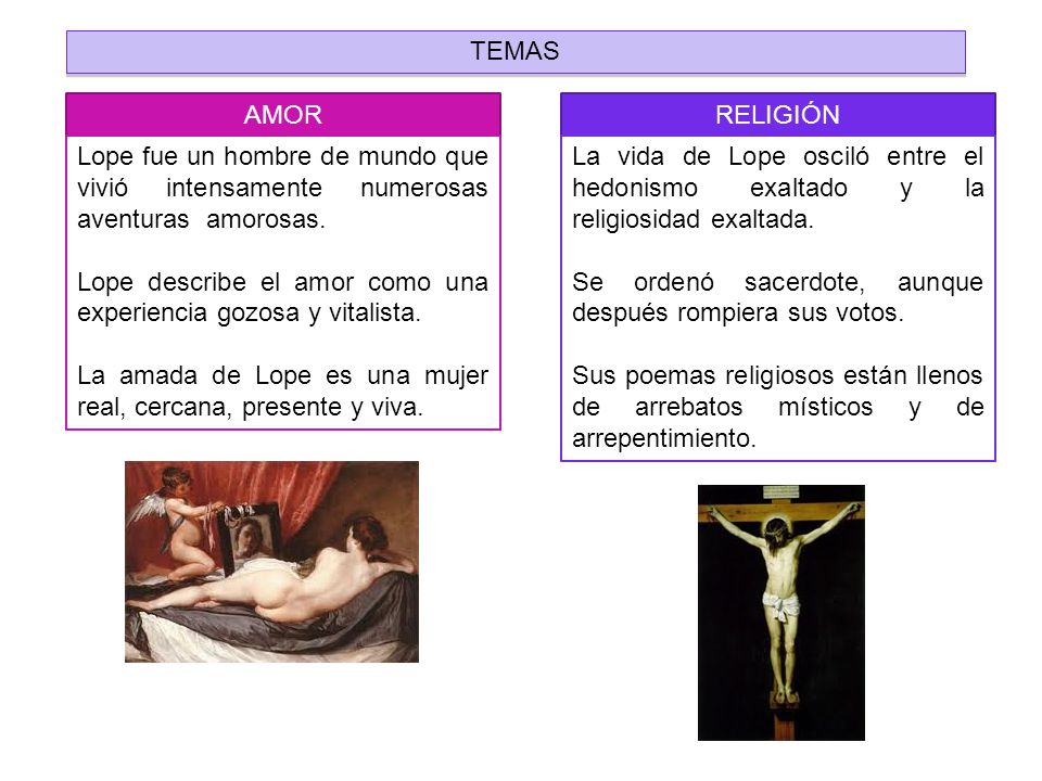 TEMAS AMOR. RELIGIÓN. Lope fue un hombre de mundo que vivió intensamente numerosas aventuras amorosas.