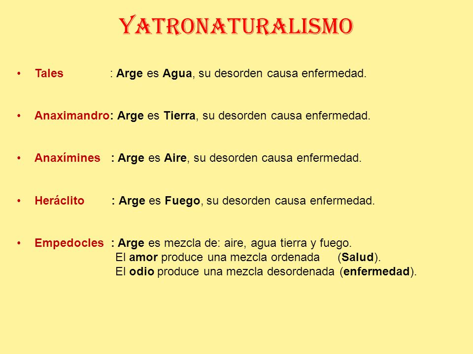 YATRONATURALISMO Tales : Arge es Agua, su desorden causa enfermedad.