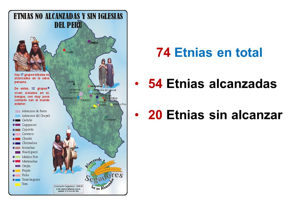 74 Etnias en total 54 Etnias alcanzadas 20 Etnias sin alcanzar