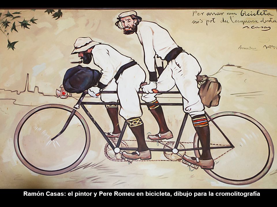 Ramón Casas: el pintor y Pere Romeu en bicicleta, dibujo para la cromolitografía
