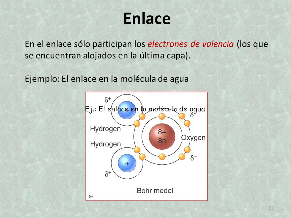 Enlace En el enlace sólo participan los electrones de valencia (los que se encuentran alojados en la última capa).