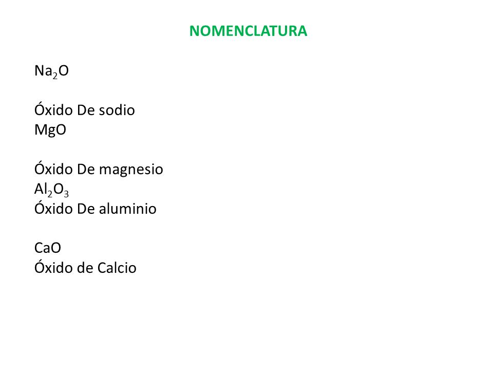 NOMENCLATURA Na2O Óxido De sodio MgO Óxido De magnesio Al2O3 Óxido De aluminio CaO Óxido de Calcio