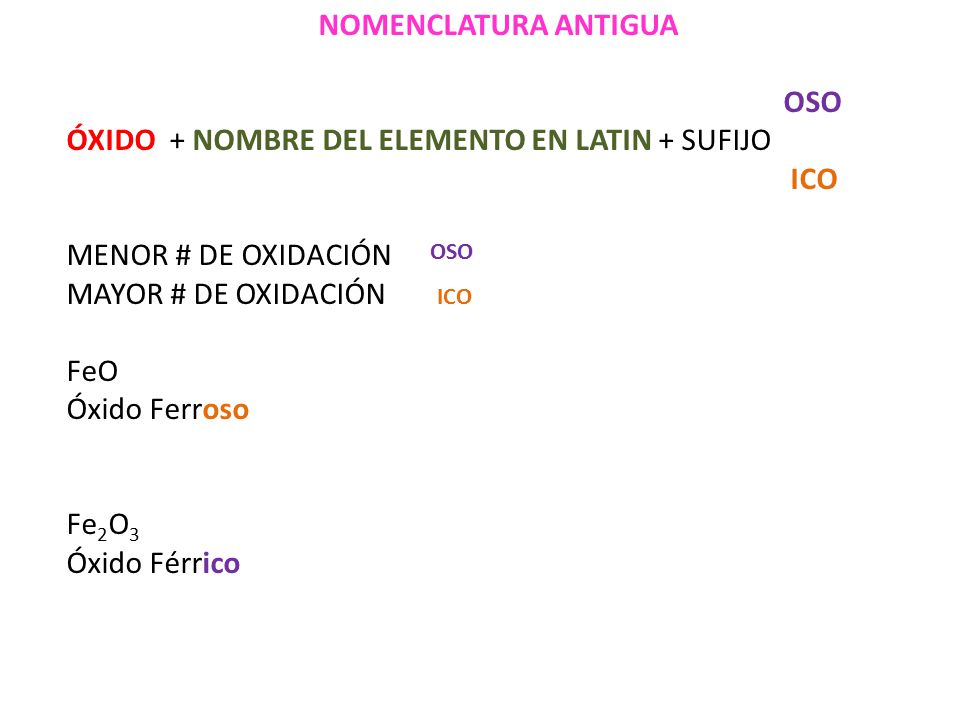 ÓXIDO + NOMBRE DEL ELEMENTO EN LATIN + SUFIJO ICO MENOR # DE OXIDACIÓN