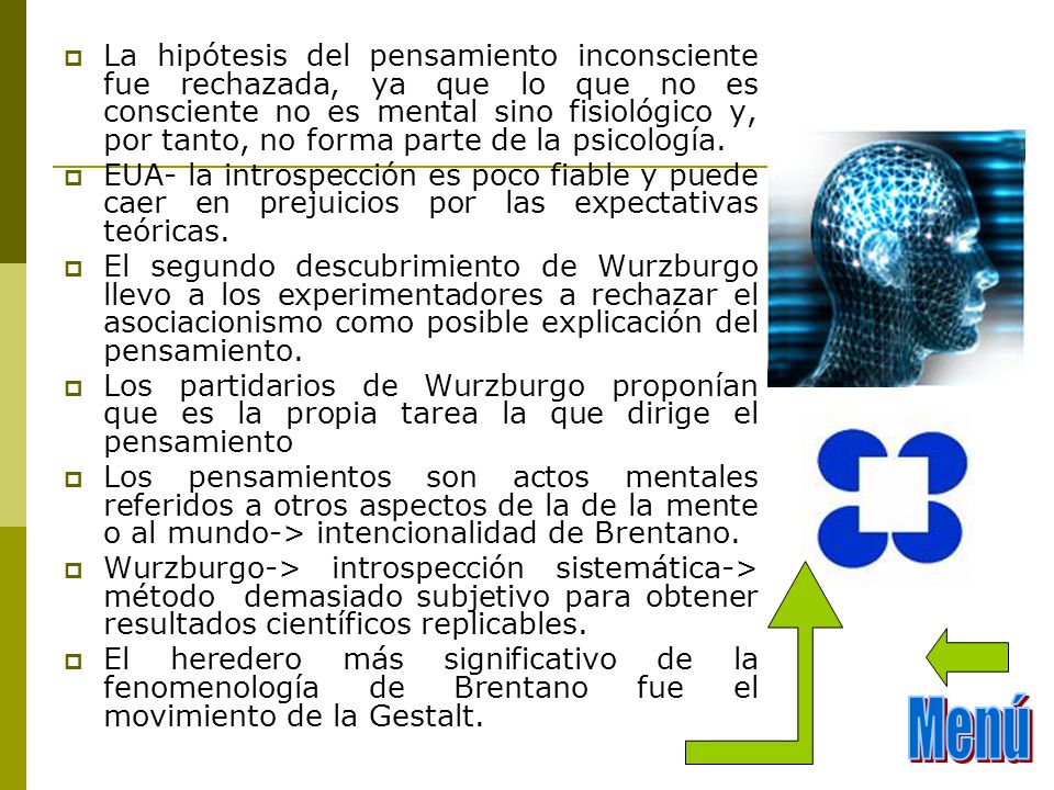 La hipótesis del pensamiento inconsciente fue rechazada, ya que lo que no es consciente no es mental sino fisiológico y, por tanto, no forma parte de la psicología.