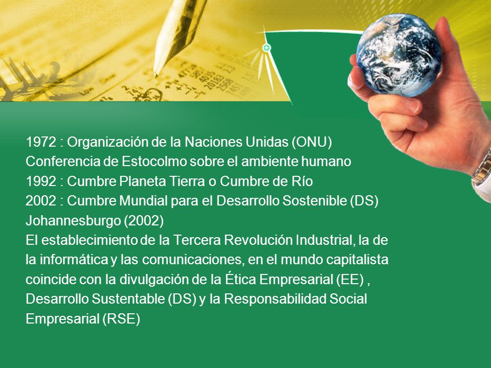1972 : Organización de la Naciones Unidas (ONU) Conferencia de Estocolmo sobre el ambiente humano 1992 : Cumbre Planeta Tierra o Cumbre de Río 2002 : Cumbre Mundial para el Desarrollo Sostenible (DS) Johannesburgo (2002) El establecimiento de la Tercera Revolución Industrial, la de la informática y las comunicaciones, en el mundo capitalista coincide con la divulgación de la Ética Empresarial (EE) , Desarrollo Sustentable (DS) y la Responsabilidad Social Empresarial (RSE)