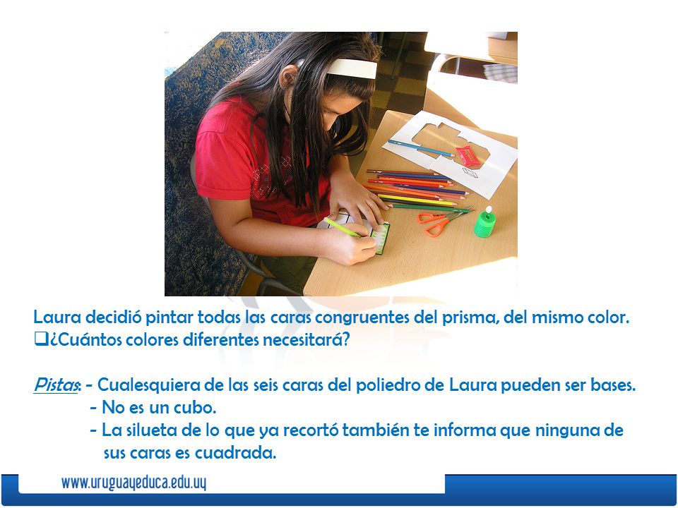 Laura decidió pintar todas las caras congruentes del prisma, del mismo color.