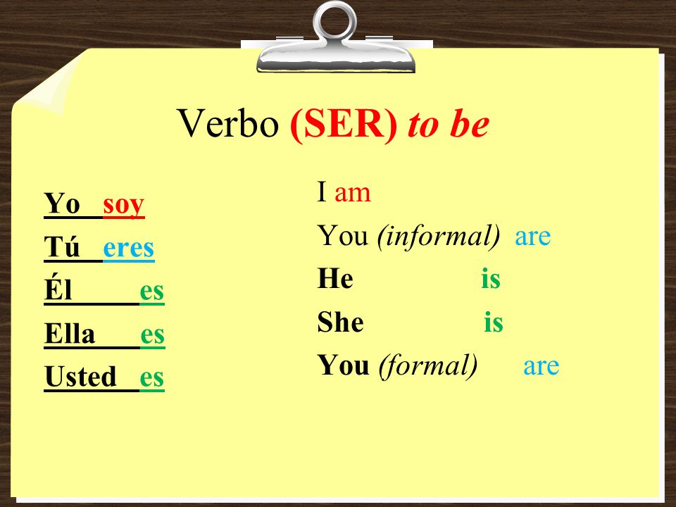 Verbo (SER) to be I am Yo soy Tú eres Él es Ella es Usted es