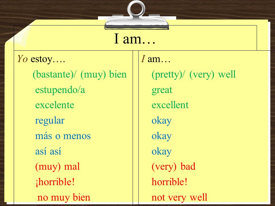 I am… Yo estoy…. (bastante)/ (muy) bien estupendo/a excelente regular más o menos así así (muy) mal ¡horrible! no muy bien