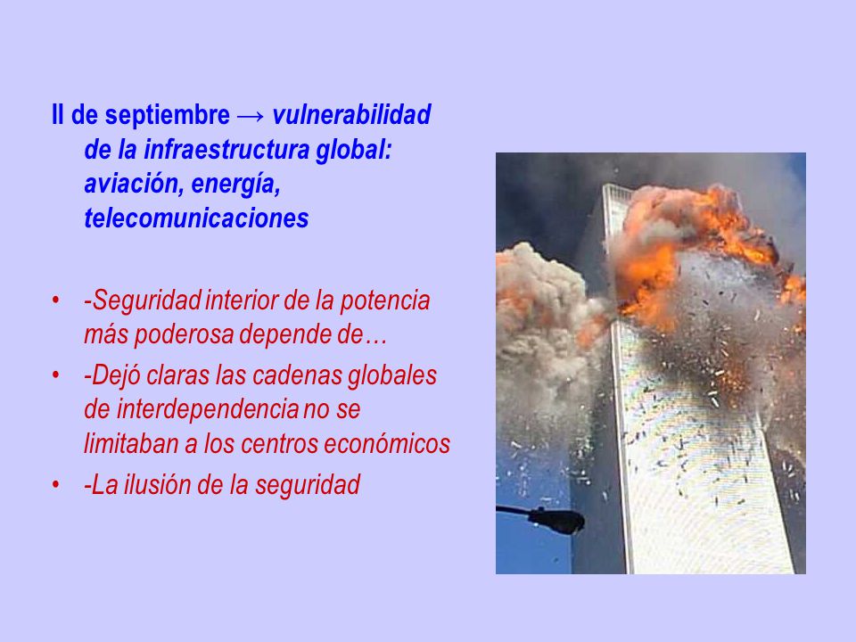 II de septiembre → vulnerabilidad de la infraestructura global: aviación, energía, telecomunicaciones