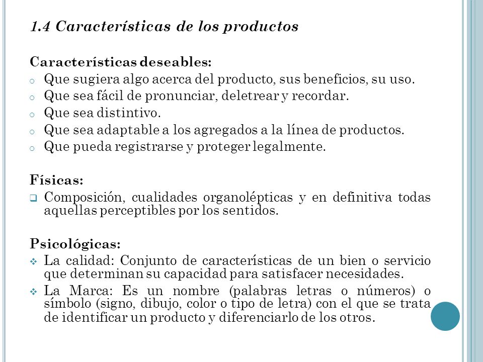 1.4 Características de los productos