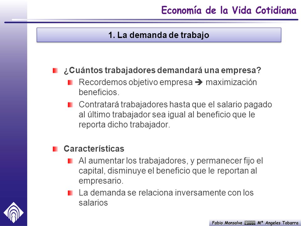 1. La demanda de trabajo ¿Cuántos trabajadores demandará una empresa Recordemos objetivo empresa  maximización beneficios.