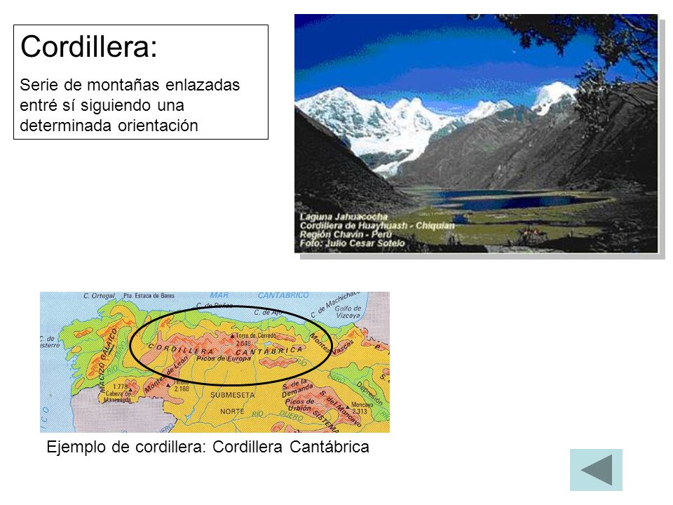 Cordillera: Serie de montañas enlazadas entré sí siguiendo una determinada orientación.