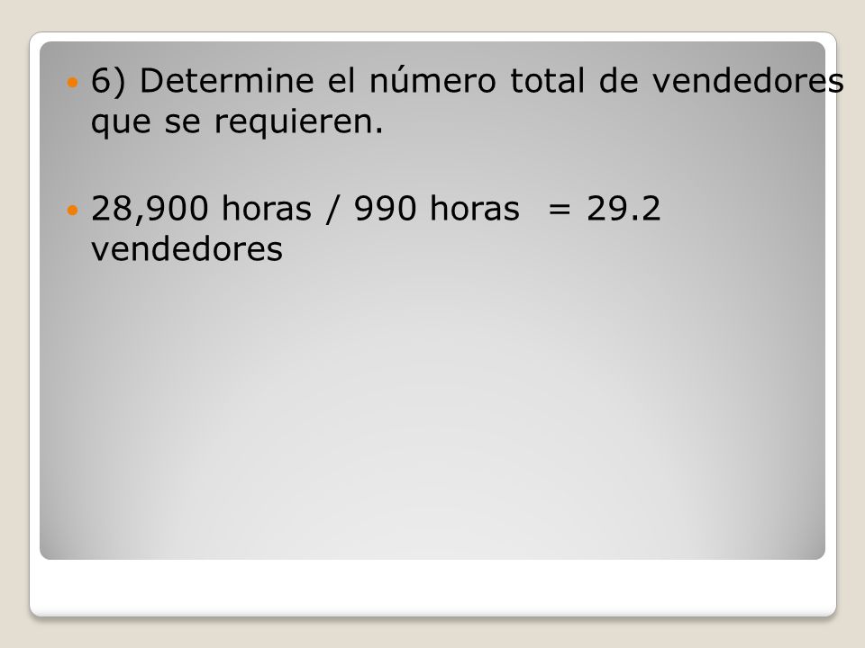 6) Determine el número total de vendedores que se requieren.