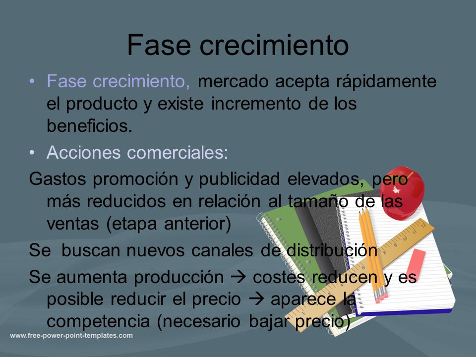 Fase crecimiento Fase crecimiento, mercado acepta rápidamente el producto y existe incremento de los beneficios.