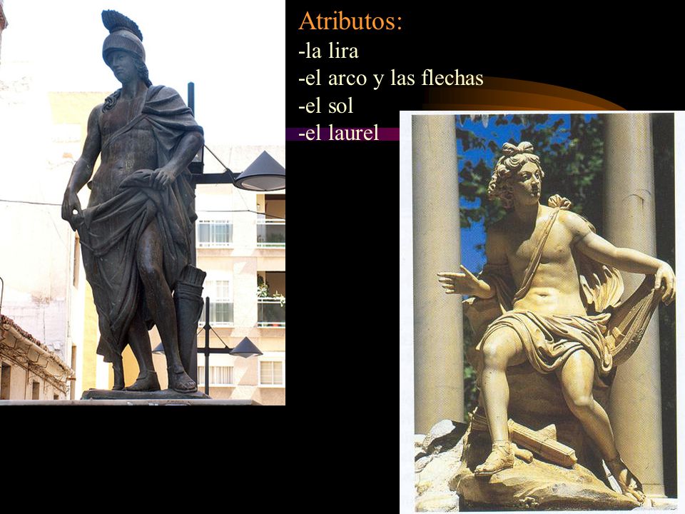 Atributos: -la lira -el arco y las flechas -el sol -el laurel
