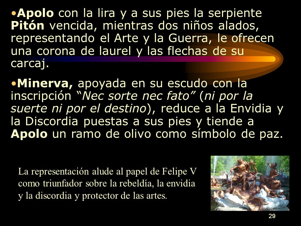Apolo con la lira y a sus pies la serpiente Pitón vencida, mientras dos niños alados, representando el Arte y la Guerra, le ofrecen una corona de laurel y las flechas de su carcaj.