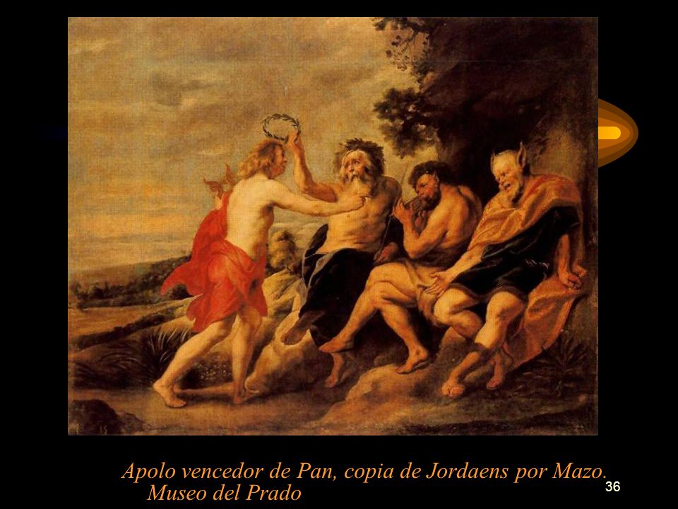 Apolo vencedor de Pan, copia de Jordaens por Mazo. Museo del Prado