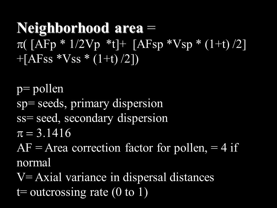 Neighborhood area =  [AFp * 1/2Vp *t]+ [AFsp *Vsp * (1+t) /2] +[AFss *Vss * (1+t) /2]) p= pollen.