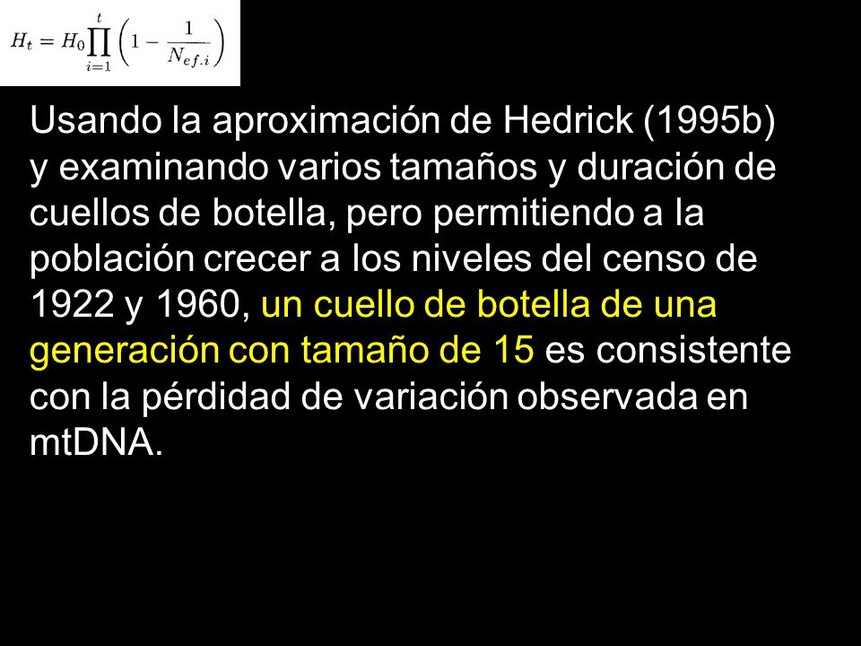 Usando la aproximación de Hedrick (1995b) y examinando varios tamaños y duración de cuellos de botella, pero permitiendo a la población crecer a los niveles del censo de 1922 y 1960, un cuello de botella de una generación con tamaño de 15 es consistente con la pérdidad de variación observada en mtDNA.