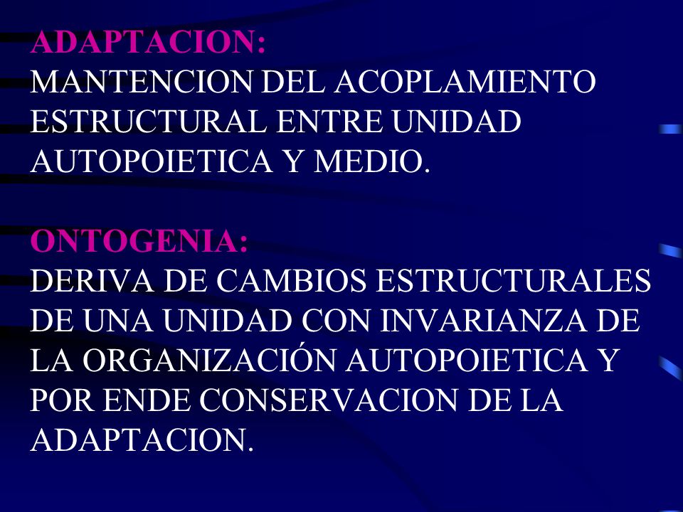 ADAPTACION: MANTENCION DEL ACOPLAMIENTO ESTRUCTURAL ENTRE UNIDAD AUTOPOIETICA Y MEDIO.