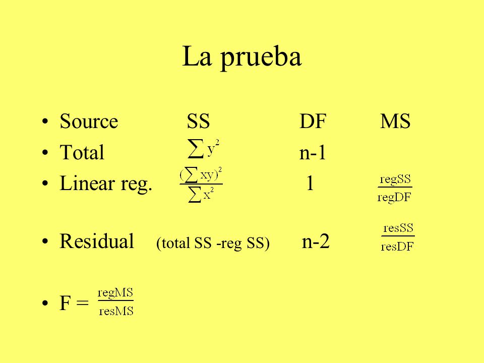 La prueba Source SS DF MS Total n-1 Linear reg. 1