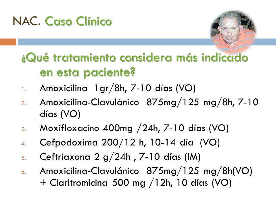 NAC. Caso Clínico ¿Qué tratamiento considera más indicado en esta paciente Amoxicilina 1gr/8h, 7-10 días (VO)
