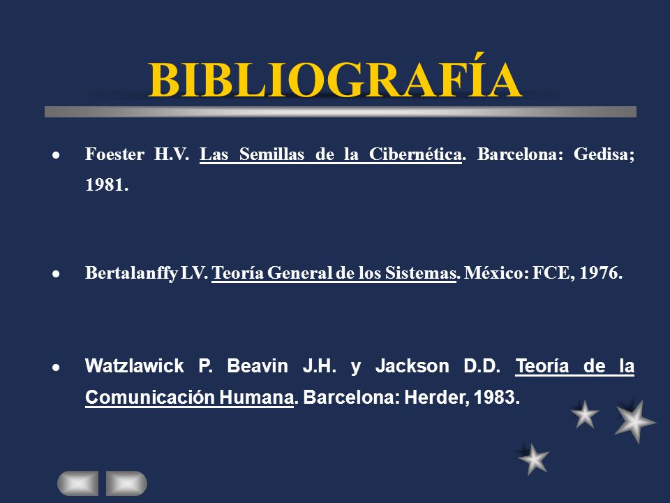 BIBLIOGRAFÍA Foester H.V. Las Semillas de la Cibernética. Barcelona: Gedisa;