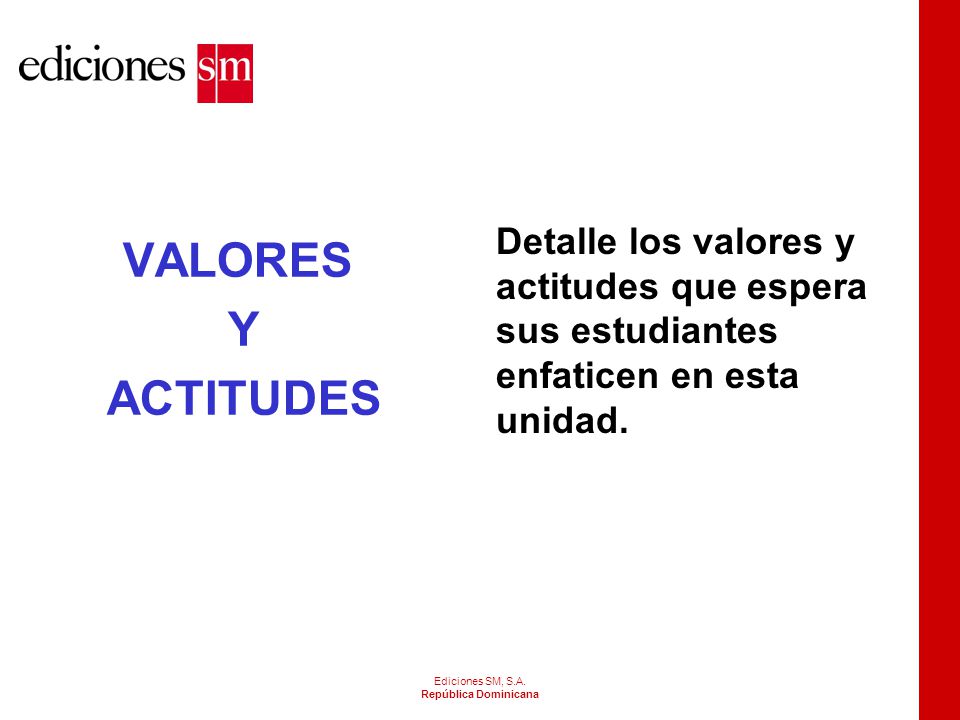 Detalle los valores y actitudes que espera sus estudiantes enfaticen en esta unidad.